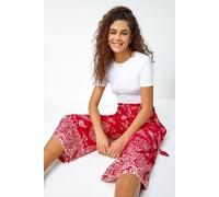 Roman Originals Culotte Trousers for Women UK - Ladies Wide Leg Cropped Pants Tie Detail Bottoms Vintage Retro Smart Flared Slimming High Waist 1940s Party Regular - Red & Ivory - Size 14