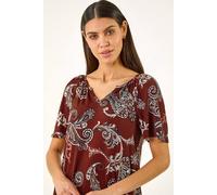 Roman Paisley Puff Print Gathered Stretch Top In Burgundy Burgundy 10