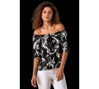 Roman Originals Bardot Top Off Shoulder Blouse for Women UK - Ladies Floral Print Shirt Palm Leaf Tropical Ditsy Cold Shoulder Jersey Frill Cuff Summer Spring Holiday - Black - Size 6