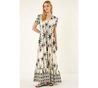 Roman Palm Print Button Tie Maxi Dress In Ivory Ivory