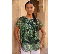 Roman Palm Print Mesh Overlay Top In Green Green