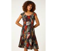 Roman Palm Print Panel Detail Stretch Dress In Khaki Khaki 12