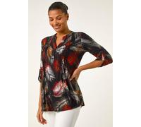 Roman Originals Pintuck Shirt for Women Ladies Jersey Blouse Collarless Top Flare Crinkle Notch Neck Tunic 3/4 Length Sleeve Longline Smart Casual Party Going Out - Black Palm - Size 10