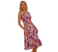 Roman Panel Dress for Women UK Ladies Skater Summer Spring Stretchy Fit & Flare Jersey Midi Work Casual Strappy Sleeveless Sweetheart Knee Length A Line Swing - Floral Fuchsia - Size 18