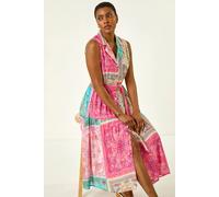 Roman Originals Abstract Print Button Shirt Dress for Women UK - Ladies Everyday Holiday Spring Summer V-Neckline Comfy Soft Evening Vacation Work Party - Pink - Size 18