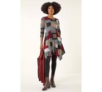 Roman Originals Hanky Hem Swing Dress with Pockets for Women UK Ladies Asymmetric Hemline Stretch Jersey 3/4 Sleeve Winter Smart Casual Work Office Knee Length Tunics - Red Grey - Size 20