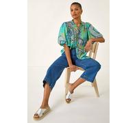 Roman Patchwork Print Tie Front Blouse In Blue Blue 12