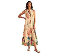 Roman Patchwork Shimmer Smock Tiered Midi Dress for Women UK Ladies Spring Everyday Summer Holiday V-Neckline Comfy Sleeveless Soft Button Down Frock Beach Vacation - Floral Yellow - Size 16
