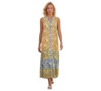 Roman Patchwork Shimmer Smock Tiered Midi Dress for Women UK Ladies Spring Everyday Summer Holiday V-Neckline Comfy Sleeveless Soft Button Down Frock Beach Vacation - Amber - Size 10