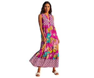 Roman Patchwork Shimmer Smock Tiered Midi Dress for Women UK Ladies Spring Everyday Summer Holiday V-Neckline Comfy Sleeveless Soft Button Down Frock Beach Vacation - Purple - Size 16