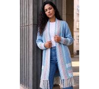 Roman Originals Women Cardigan - Ladies Longline Coatigan Tassel Open Front Cardi Winter Autumn Casual Textured Edge to Edge Yarn Patterned Comfy Work Going Out - Light Blue Multi - Size 16