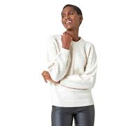 Roman Originals Pearl Embellished Cable Knit Jumper for Women UK - Ladies Everyday Autumn Winter Round Neckline Comfy Soft Evening Vacation Work Party Night Out - Natural - Size 20