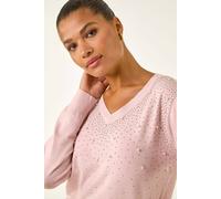 Roman Originals V-Neck Jumper for Women UK Ladies Boyfriend Fit Slouch Sweater Winter Autumn Textured Casual Flattering Knit Pullover Knitwear Daywear Lightweight Lounge - Pink Sparkle - Size 12