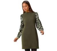 Roman Petite 2 in 1 Contrast Print Shift Dress for Women UK - Ladies Everyday Autumn Winter Round Neckline Comfy Soft Evening Vacation Work Party Night Out - Petite Khaki - Size 18