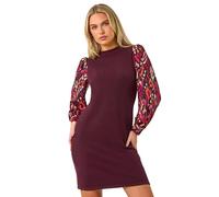 Roman Petite 2 in 1 Contrast Print Shift Dress for Women UK - Ladies Everyday Autumn Winter Round Neckline Comfy Soft Evening Vacation Work Party Night Out - Petite Wine - Size 14