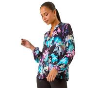 Roman Petite Abstract Buttoned Blouse for Women UK - Ladies Everyday Autumn Winter Nehru Collar Comfy Soft Evening Vacation Work Party Night Out - Petite Navy - Size 12