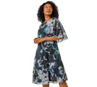 Roman Petite Abstract Floral Print Cape Dress In Black Black 10