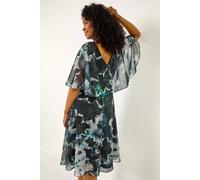 Roman Petite Abstract Floral Print Cape Dress In Black Black 8