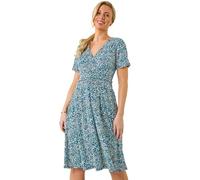 Roman Petite Abstract Gathered Dress for Women UK - Ladies Spring Everyday Summer Holiday V-Neckline Comfy Short Sleeve Soft Wrap Detail Frock Day Out Gowns - Navy - Size 18