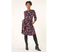 Roman Originals Maxi Dress with Pockets for Women UK Ladies Stretchy Jersey Midi Elasticated Gathered High Waist Skater Swing Fit Flare Office Work Smart Casual Boho - Petite Plum - Size 14