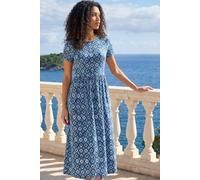 Roman Petite Abstract Gathered Waist Dress In Blue Blue