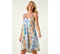 Roman Petite Abstract Halter Neck Stretch Dress In Blue Blue