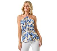 Roman Petite Abstract Halter Neck Stretch Top for Women UK - Ladies Everyday Holiday Spring Summer Comfy Soft Evening Vacation Work Party - Petite Blue - Size 16