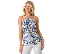 Roman Petite Abstract Halter Neck Stretch Top for Women UK - Ladies Everyday Holiday Spring Summer Comfy Soft Evening Vacation Work Party - Petite Blue - Size 16