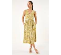 Roman Petite Abstract Leaf Midi Dress In Mustard Mustard