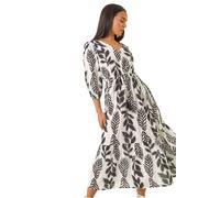 Roman Petite Abstract Leaf Midi Dress for Women UK - Ladies Everyday Holiday Spring Summer V-Neckline Comfy Soft Evening Vacation Work Party - Petite Black - Size 14