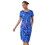 Roman Originals Shift Dress with Pockets for Women UK - Ladies Summer Autumn Winter Smart Casual Work Short 3/4 Sleeve Tunic Knee Length Pleated Gathered Waist Tea Loose - Petite Blue - Size 14