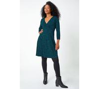 Roman Petite Mock Wrap Abstract Stretch Dress for Women UK - Ladies Autumn Everyday Winter Holiday V-Neckline Comfy 3/4 Sleeve Soft Fit & Flare Frock Day Out Gowns - Teal - Size 14