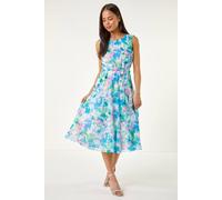 Roman Petite Abstract Pleated Midi Dress In Blue Blue 18