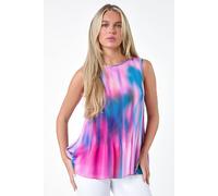 Roman Petite Abstract Pleated Vest Top for Women UK - Ladies Everyday Holiday Spring Summer Round Neckline Comfy Soft Evening Vacation Work Party - Petite Turquoise - Size 16