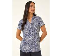 Roman Petite Abstract Print Button Stretch Top In Navy Navy 14