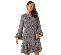 Roman Petite Abstract Print Frill Dress In Black Black 10