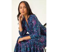 Roman Women's Petite Abstract Print Frill Dress in Navy | Size: 12 Roman Navy 12