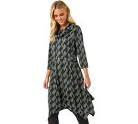 Roman Petite Abstract Print Hanky Hem Stretch Dress for Women UK - Ladies Everyday Autumn Winter Cowl Neckline Comfy Soft Evening Vacation Work Party Night Out - Khaki - Size 14
