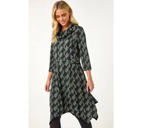 Roman Petite Abstract Print Hanky Hem Stretch Dress for Women UK - Ladies Everyday Autumn Winter Cowl Neckline Comfy Soft Evening Vacation Work Party Night Out - Khaki - Size 16