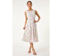 Roman Women's Petite Abstract Print Pleated Midi Dress in Ivory | Size: 16 Roman Ivory 16