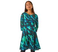 Roman Petite Abstract Print Seam Detail Dress for Women UK - Ladies Everyday Autumn Winter Round Neckline Comfy Soft Evening Vacation Work Party Night Out - Petite Turquoise - Size 18