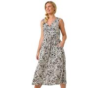 Roman Petite Abstract Print V-Neck Midi Dress for Women UK - Ladies Everyday Holiday Spring Summer V-Neckline Comfy Soft Evening Vacation Work Party - Petite Black - Size 14