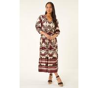 Roman Petite Abstract Print V-Neck Midi Dress In Natural Natural 12