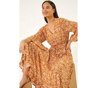 Roman Women's Petite Abstract Print V-Neck Midi Dress in Orange | Size: 18 Roman Orange 18