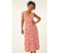 Roman Petite Abstract Print Wrap Midi Dress for Women UK - Ladies Everyday Holiday Spring Summer V-Neckline Comfy Soft Evening Vacation Work Party - Petite Orange - Size 16