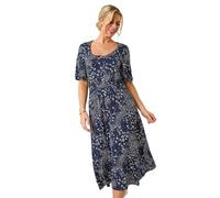 Roman Petite Abstract Midi Dress for Women UK - Ladies Everyday Autumn Winter Round Neckline Comfy Soft Evening Vacation Work Party Night Out - Petite Navy - Size 14