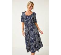 Roman Petite Abstract Midi Dress for Women UK - Ladies Everyday Autumn Winter Round Neckline Comfy Soft Evening Vacation Work Party Night Out - Petite Navy - Size 14