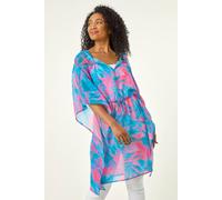 Roman Petite Abstract Tie Waist Cover Up for Women UK - Ladies Everyday Holiday Spring Summer Round Neckline Comfy Soft Evening Vacation Work Party - Petite Blue - Size 14