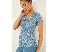Roman Women's Petite Abstract Twist Front Stretch Top in Blue | Size: 12 Roman Blue 12