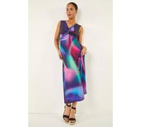 Roman Originals Maxi Dress for Women UK Ladies Twist Knot Front Empire Waist Summer Party Casual Holiday Bohemian Beach Cruise Evening Long Sleeveless V Neck Jersey - Petite Abstract Purple - Size 16